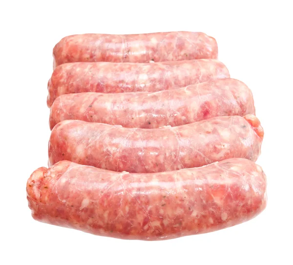 Surowe kiełbaski mięsne izolowane na białym tle — Zdjęcie stockowe