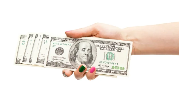 Γυναίκα χέρι που κρατά 100 ΗΠΑ Δολάριο τραπεζογραμματίων, απομονώνονται σε Γουίτ — Φωτογραφία Αρχείου