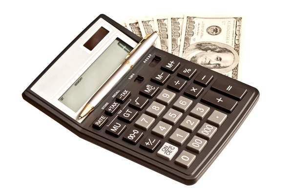 Obraz firmy: pieniądze i kalkulator nad białym — Zdjęcie stockowe