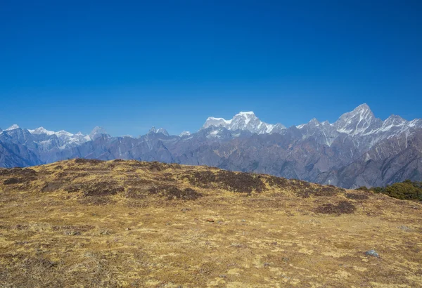 Snow clad peaks with dry alpine meadows — Stock Photo, Image