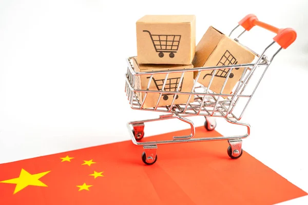 Caja Con Logotipo Del Carrito Compra Bandera China Importación Exportación — Foto de Stock