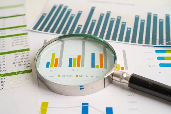 Grafik kağıdındaki büyüteç. Finansal kalkınma, Bankacılık Hesabı, İstatistik, Yatırım Analitik Araştırma Veri Ekonomisi, Borsa Ticareti, İşletme Bürosu toplantısı Konsepti.
