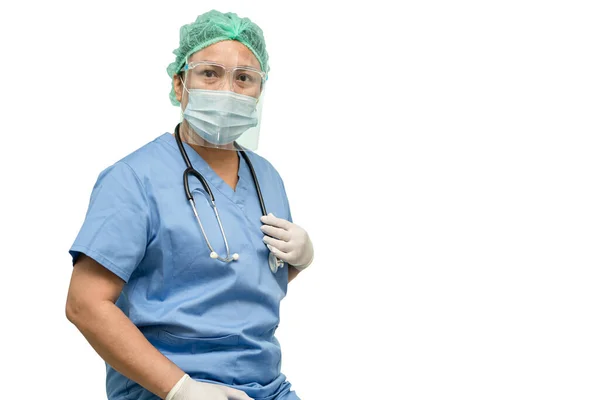 Asian Doctor Wearing Face Shield Ppe Suit New Normal Check — Stock Photo, Image