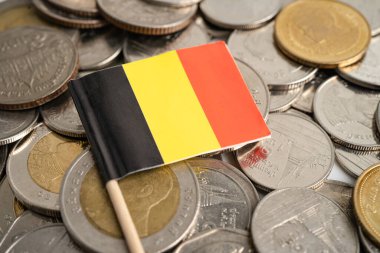 Beyaz arka planda Almanya bayrağı olan bozuk para yığını. beyaz arkaplanda bayrak.