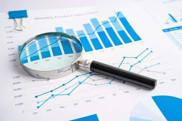 Förstoringsglas Diagram Grafer Papper Finansiell Utveckling Bankkonto Statistik Investeringsanalys Börshandel — Stockfoto