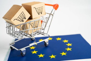 Alışveriş arabası logosu ve Arjantin bayrağı olan kutu, İthalat İhracat Alışveriş çevrimiçi veya eCommerce finans dağıtım mağazası dağıtım hizmetleri nakliyat, ticaret, tedarikçi kavramı.