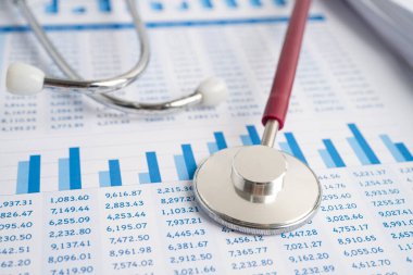 Hesap tablosu, Finans, Hesap, İstatistik, Yatırım, Analitik Araştırma Veri Ekonomisi Hesap Tablosu ve İşletme Şirketi kavramı üzerindeki steteskop.