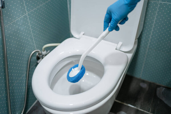 Maid cleaning toilet bowl with brush in bathroom at home.