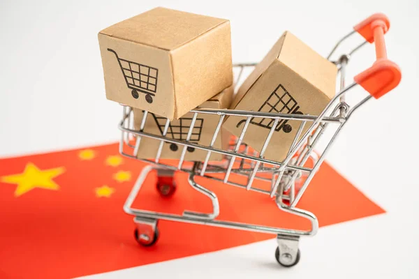 Box with shopping cart logo and China flag, Import Export Shopping online or eCommerce finance delivery service store product shipping, trade, supplier concept.