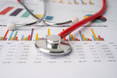 Çizelge ve grafikler üzerindeki steteskop tablo, finans, hesap, istatistik, yatırım, analitik araştırma veri ekonomisi ve işletme şirketi kavramı.