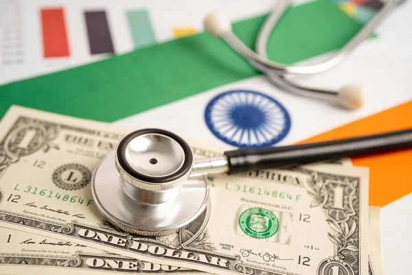 Black Stethoscope India Flag Background Dollar Banknotes Business Finance Concept — стокове фото