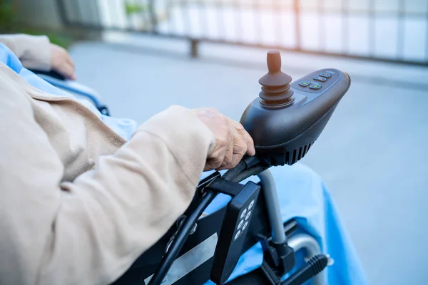 Asian Senior Elderly Old Lady Woman Patient Electric Wheelchair Remote — Stock Photo, Image