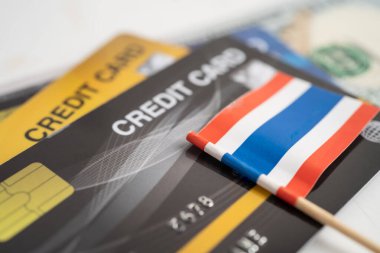 Thailand flag on credit card. Finance development, Banking Account, Statistics, Investment Analytic research data economy, Stock exchange trading, Business company concept.