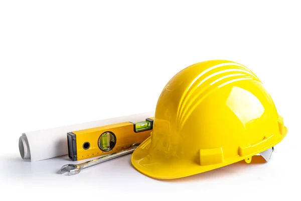 Construction Helmet Tools Engineering Work Project White Background Clipping Path — Stock Photo, Image