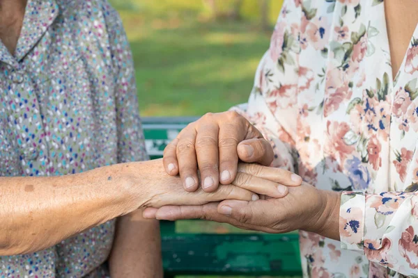 Caregiver Holding Hands Asian Senior Elderly Old Lady Woman Patient — Stock Photo, Image