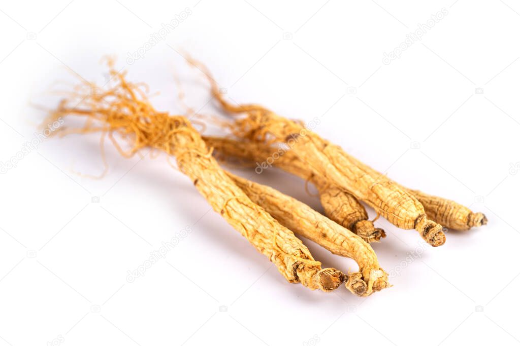 Ginseng, dried vegetable herb. Healthy food famous export food in Korea country isolated on white background.