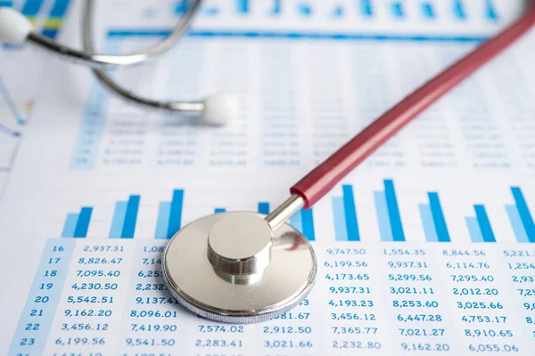 Çizelgeler ve grafikler üzerindeki steteskop kağıt, Finans, Hesap, İstatistik, Yatırım, Analitik araştırma veri ekonomisi ve İş dünyası kavramı.