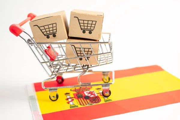 Alışveriş Arabası Logosu Spanya Bayrağı Olan Kutu Thalat Hracat Alışveriş — Stok fotoğraf