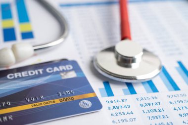 Grafik ve çizelgede kredi kartı var. Finans geliştirme, Bankacılık Hesabı, İstatistik, Yatırım Analitik Araştırma Veri Ekonomisi, Borsa Ticareti, Ticaret Şirketi Konsepti.