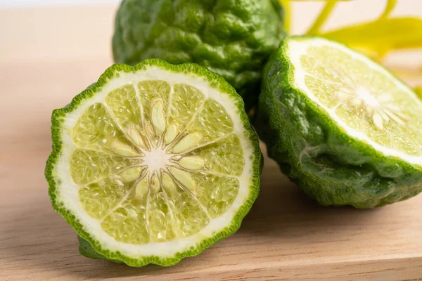 Fresh Bergamot Fruit Cut Half Wooden Background — Stock Photo, Image