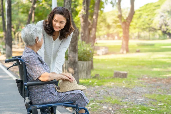 공원에서 휠체어에 행복하게 지내고 아시아 노인이나 노부인을 돌보는 — 스톡 사진