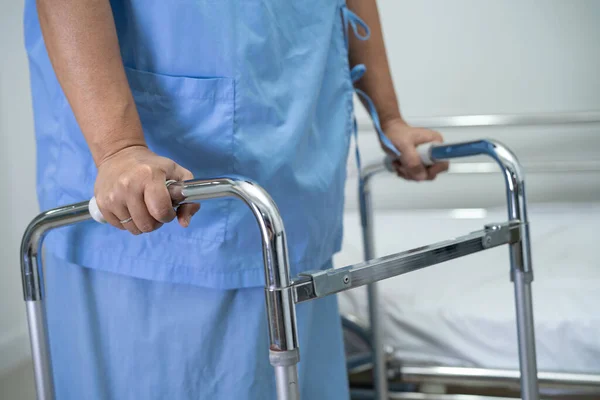 Asian Lady Woman Patient Walk Walker Nursing Hospital Ward Healthy — Zdjęcie stockowe