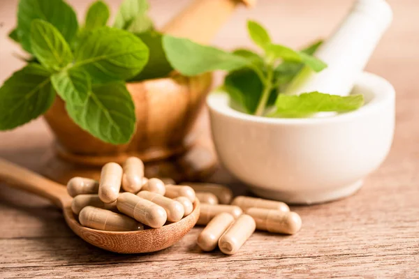 Alternatif ilaç bitkisel organik kapsül E omega 3 vitamini balık yağı, mineral, bitki yapraklı ilaç sağlıklı yaşam için doğal destek.