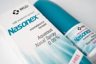 Bangkok, Tayland, 1 Ekim 2021 Nasonex, Mometasone furoate ilacı cilt hastalıklarını, saman nezlesini ve burun astımını tedavi etmek için kullanılır..