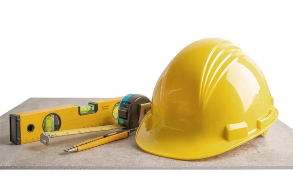 安全第一ハードヘルメット帽子とコピースペース エンジニアリング建設とアーキテクチャの概念を持つエンジニアツール — ストック写真