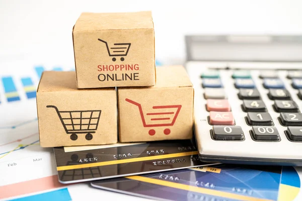 Grafikte kredi kartı ve hesap makinesiyle online alışveriş yapmak. Finans ticareti ihracat iş konsepti.