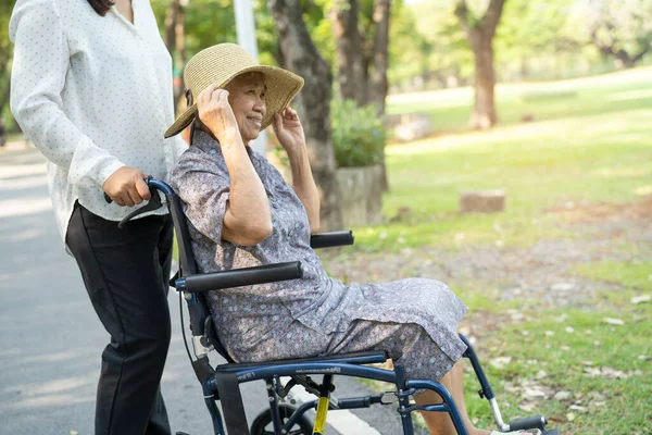 공원에서 휠체어에 행복하게 지내고 아시아 노인이나 노부인을 돌보는 — 스톡 사진