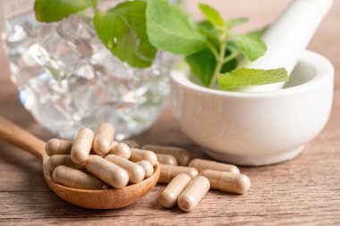 Alternatif ilaç bitkisel organik kapsül E omega 3 vitamini balık yağı, mineral, bitki yapraklı ilaç sağlıklı yaşam için doğal destek.