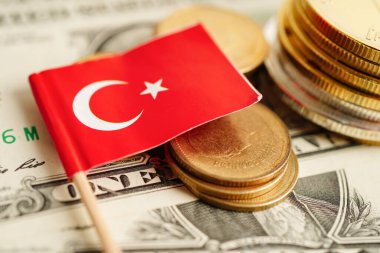 ABD doları banknotlarının üzerinde Türkiye bayrağı olan bozuk para yığını.