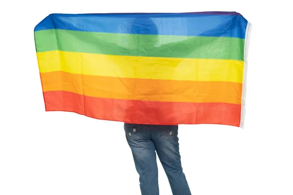 Asian Lady Holding Rainbow Color Flag Symbol Lgbt Pride Month — Stock Photo, Image