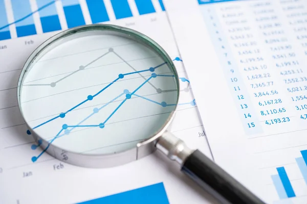 Magnifying glass on chart graph spreadsheet paper. Financial development, Banking Account, Statistics, economy, Stock exchange trading, Business office company meeting concept.