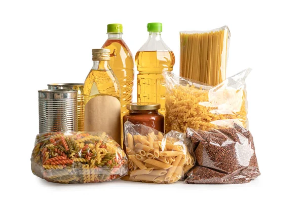 Bağış Depolama Teslimat Için Yiyecek Çeşitli Yiyecekler Makarna Yemek Yağı — Stok fotoğraf