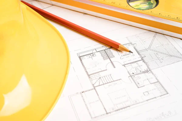 Architectural House Plan Project Blueprint Yellow Helmet Engineering Construction Tools Imágenes de stock libres de derechos