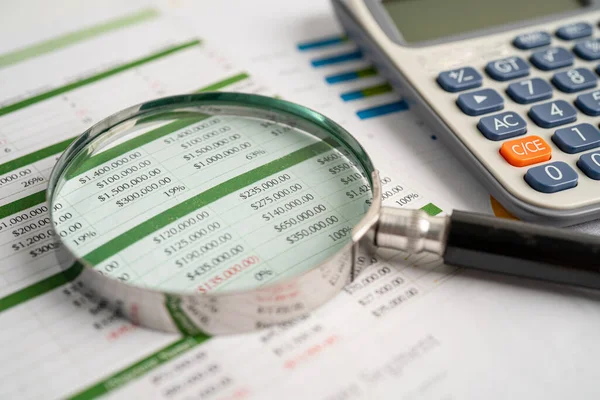 Magnifying Glass Spreadsheet Calculator Financial Development Banking Account Statistics Investment — Fotografia de Stock