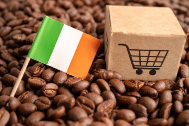 Ireland flag on coffee bean, import export trade online commerce concept.