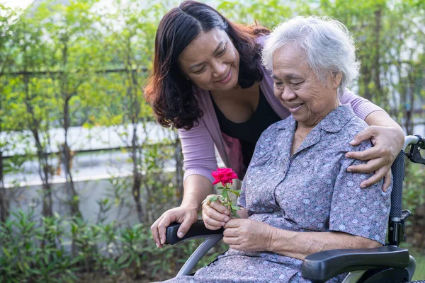 Caregiver daughter hug and help  Asian senior or elderly old lady woman holding red rose on wheelchair in park.