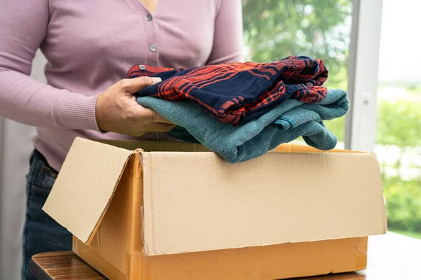 Holding Clothing Donation Box Used Clothes Doll Home Support Help — Stock Photo, Image