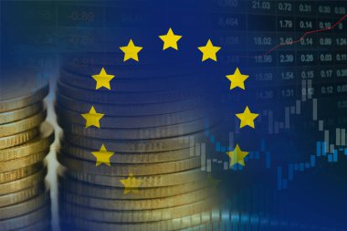 tock market investment trading financial, coin and EU flag or Forex for analyze profit finance business trend data background.