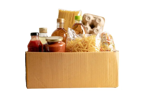 Foodstuff Donation Storage Delivery Various Food Pasta Cooking Oil Canned — Stock Photo, Image