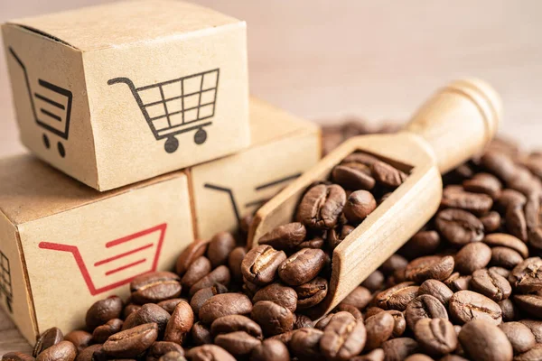 Box with shopping cart logo symbol on coffee beans, Import Export Shopping online or eCommerce delivery service store product shipping, trade, supplier concept.