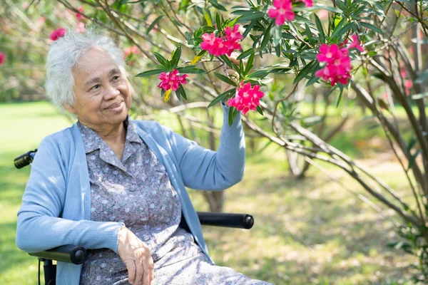 亚洲年长或年老的老太太牵着红花 笑着在阳光灿烂的花园里快乐 — 图库照片