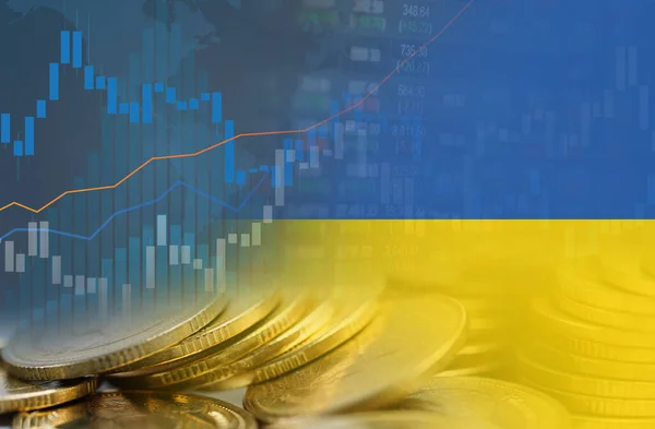 Stock market investment trading financial, coin and Ukraine flag or Forex for analyze profit finance business trend data background.