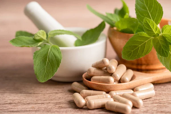 Alternatif ilaç bitkisel organik kapsül E omega 3 vitamini balık yağı, mineral, bitki yapraklı ilaç sağlıklı yaşam için doğal destek.