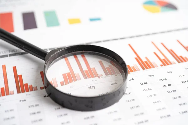 Magnifying glass on chart graph spreadsheet paper. Financial development, Banking Account, Statistics, economy, Stock exchange trading, Business office company meeting concept.