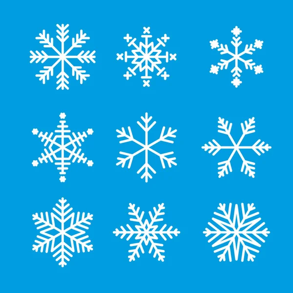 Sneeuwvlok Winter Set Van Witte Geïsoleerde Pictogram Silhouet Blauwe Achtergrond — Stockvector