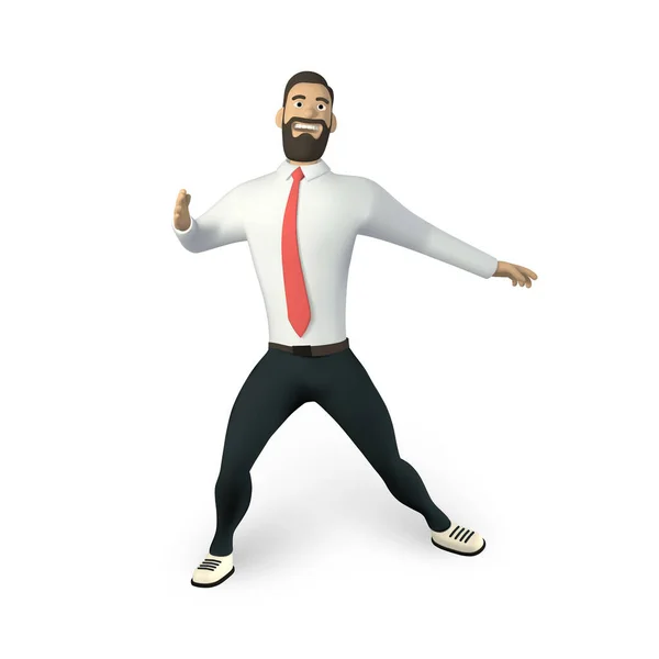 3D漫画スタイルのビジネスマンキャラクター ネクタイの白いシャツの男 髭の男ジェスチャー ベクターイラスト — ストックベクタ